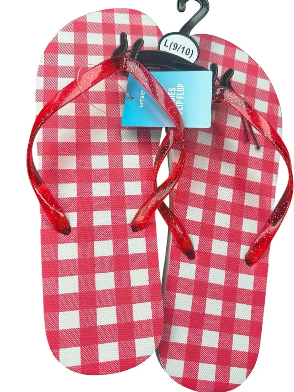 Red Gingham Flip Flop Sandals with Glitter Straps